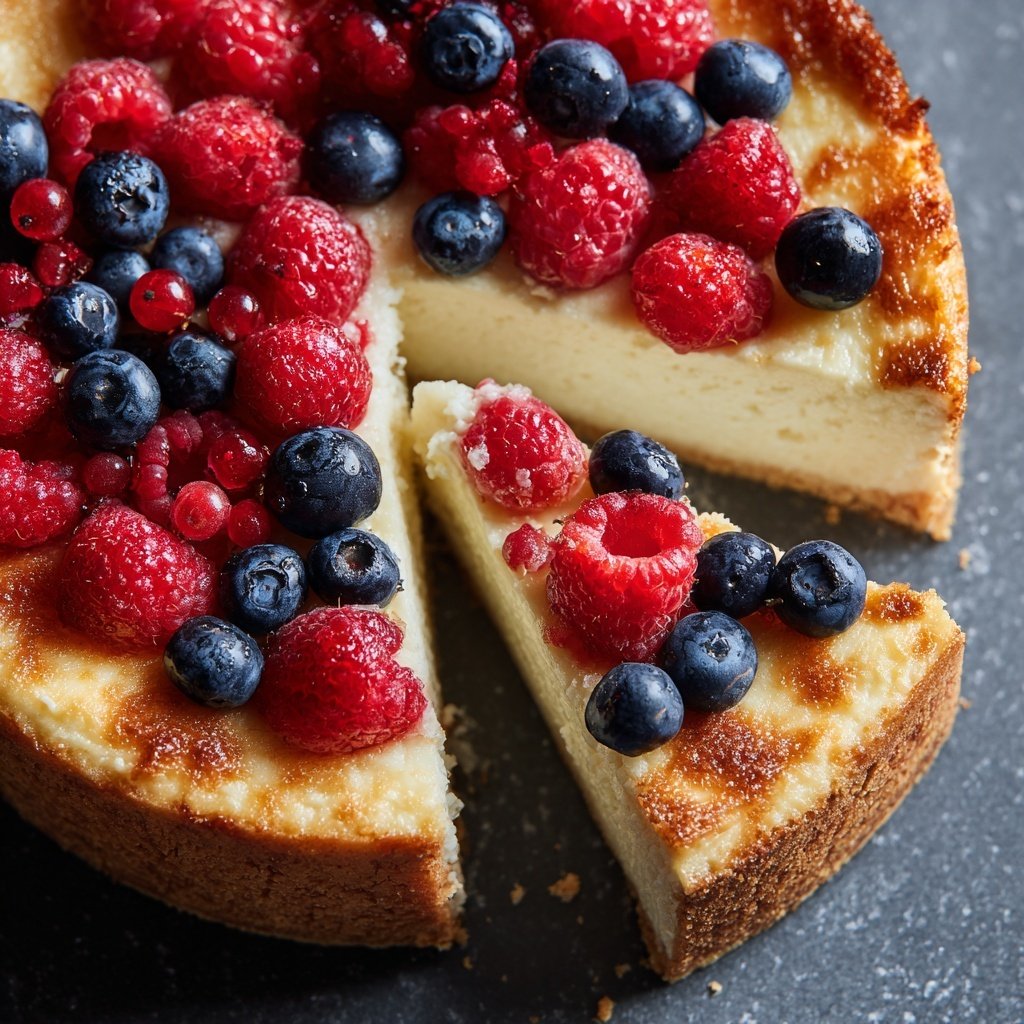 Käsekuchen mit Keksboden und Beeren